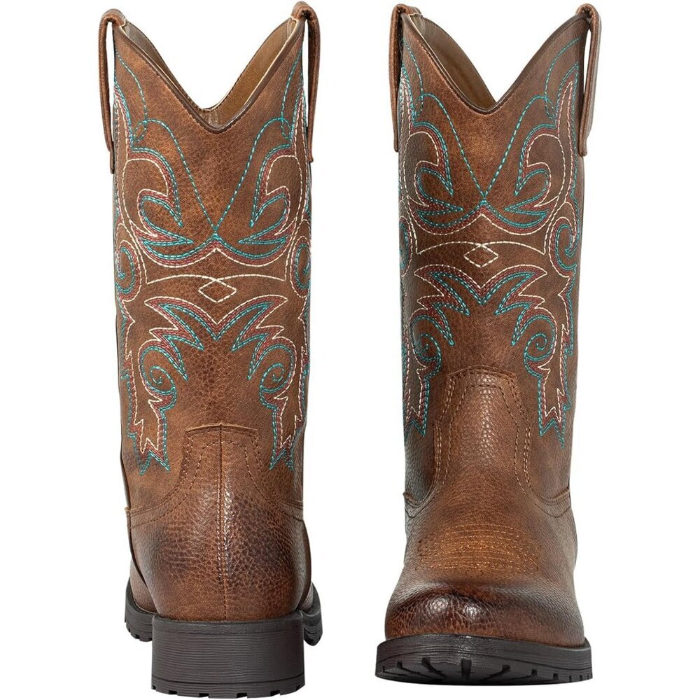 Women's Brown Leather Embroidered Square Toe Western Knee High Cowgirls Boots - Picture 3 of 9